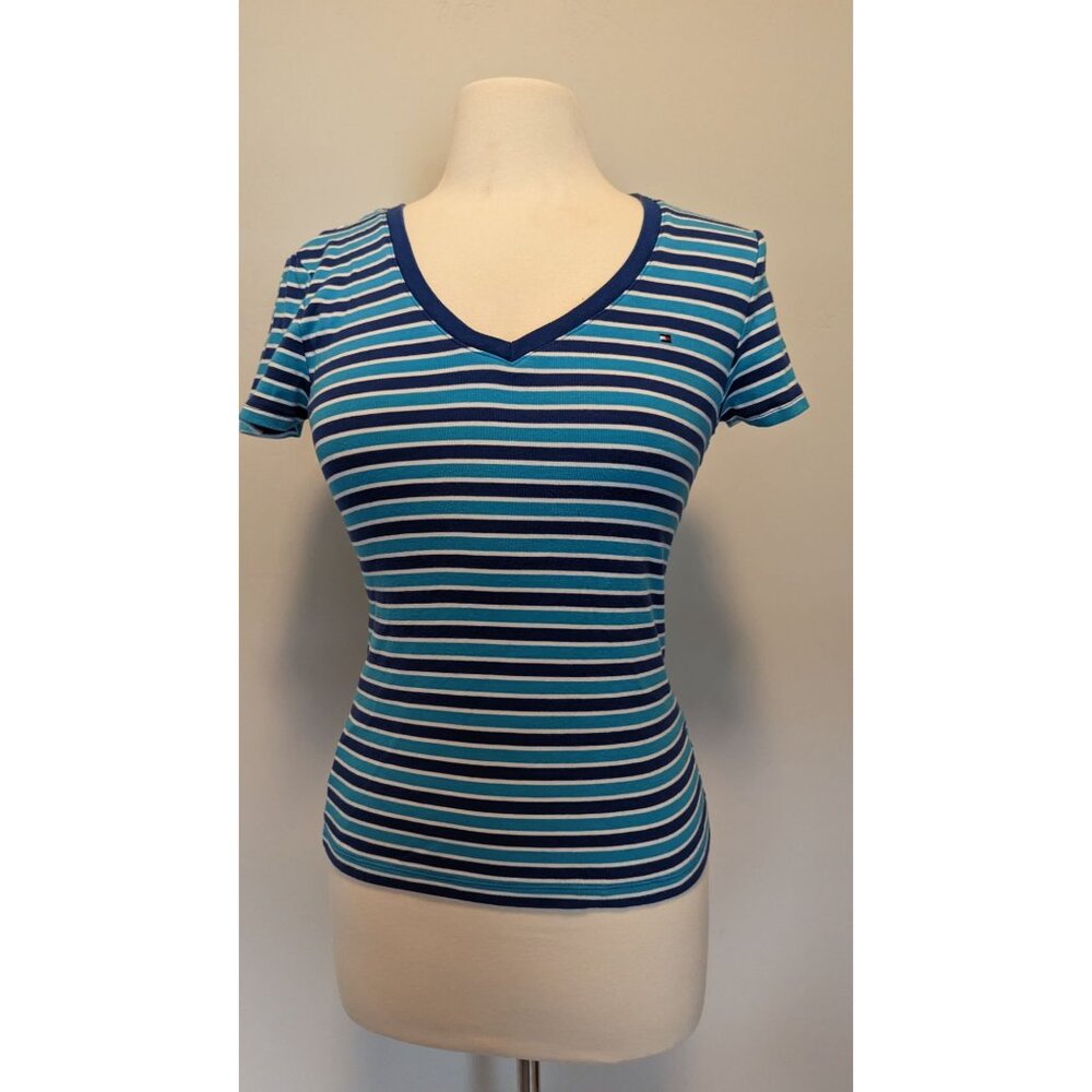Tommy Hilfiger Womens Blue White Striped V-Neck Short Sleeve T-Shirt Small